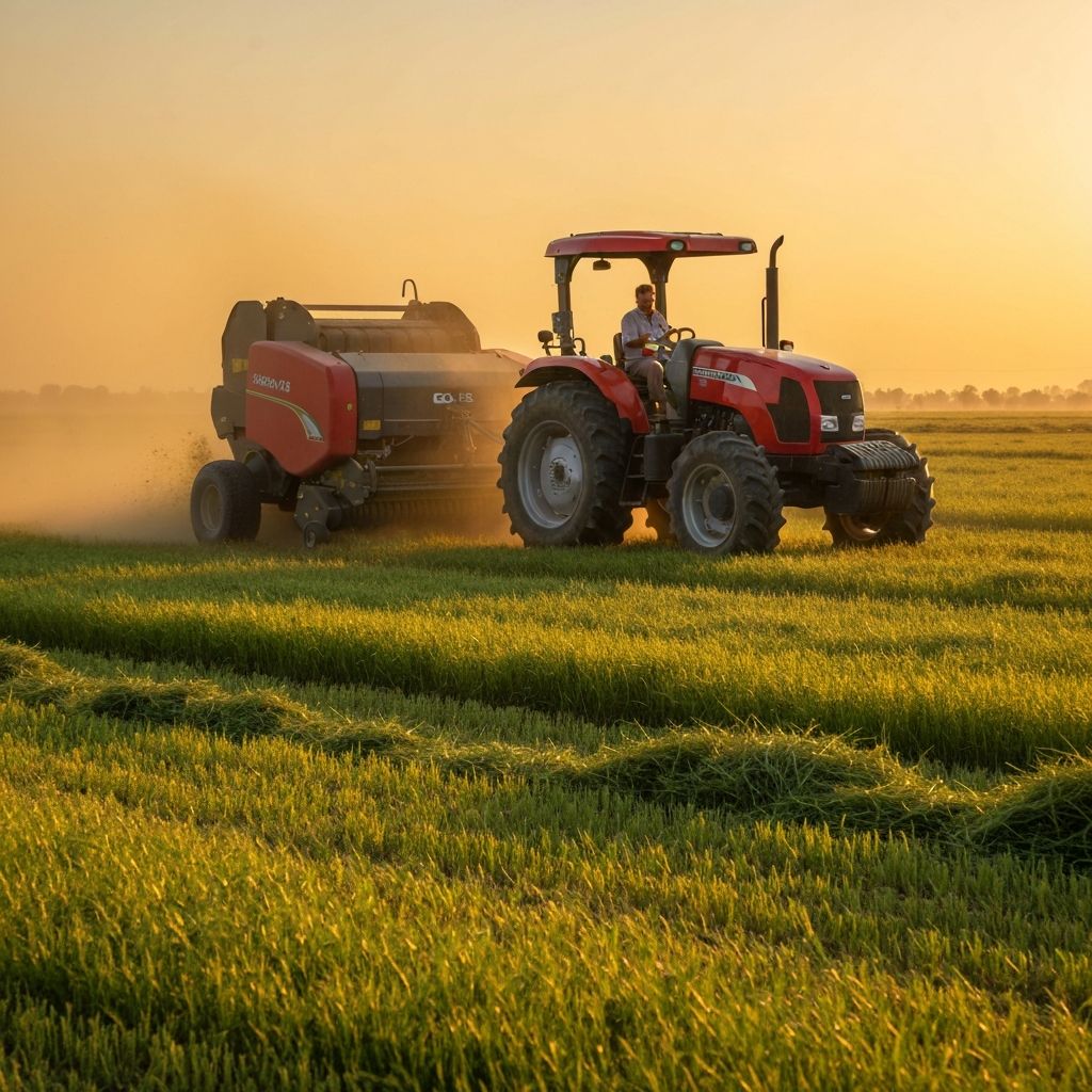 Tractor with hay baler harvesting Rhodes grass field at golden hour