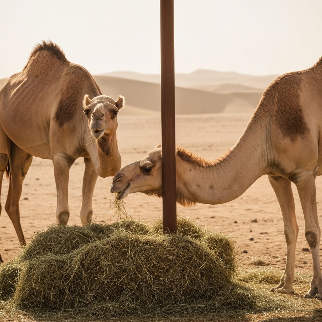 Camels eating Rhodes grass hay