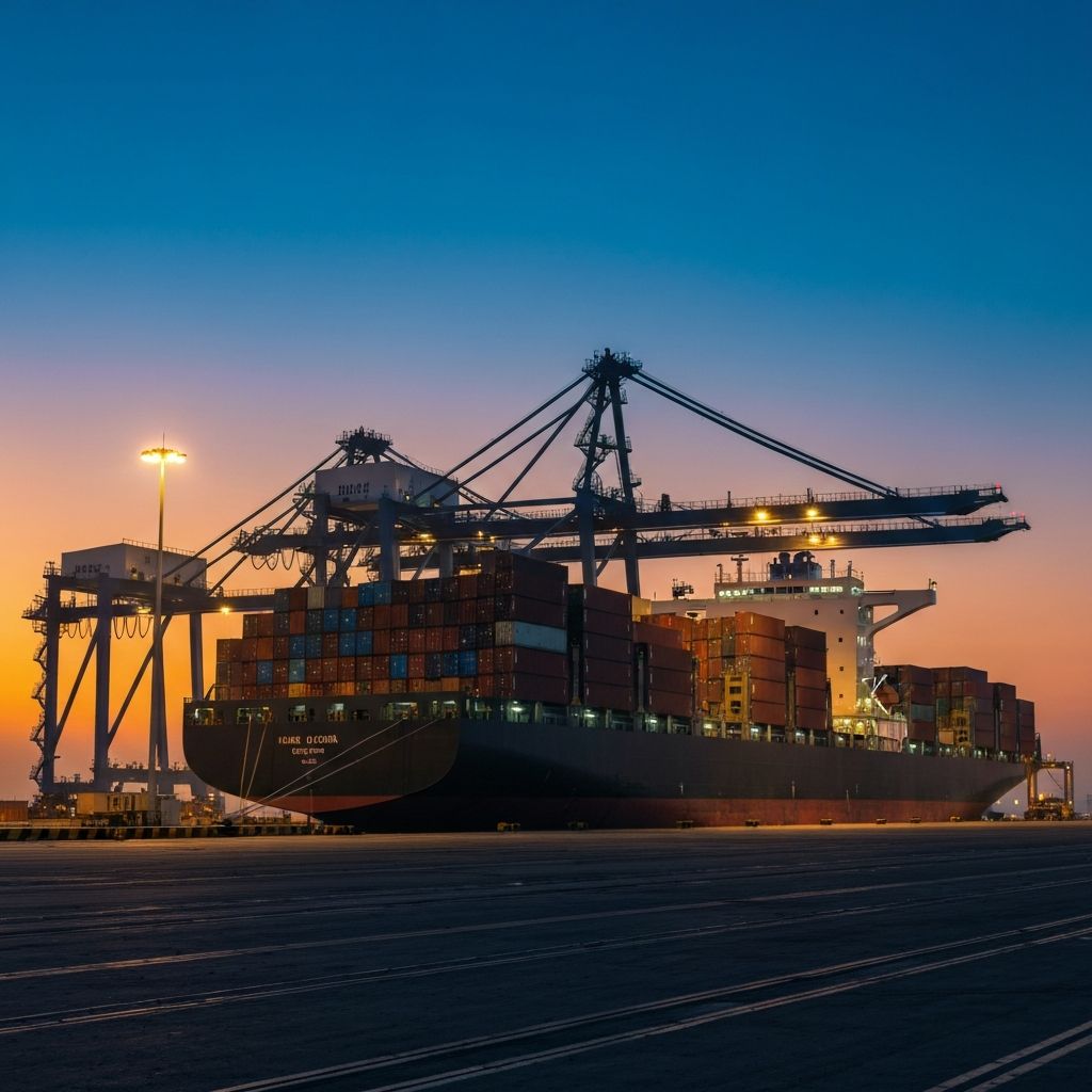 Karachi Port at blue hour with cargo ship being loaded