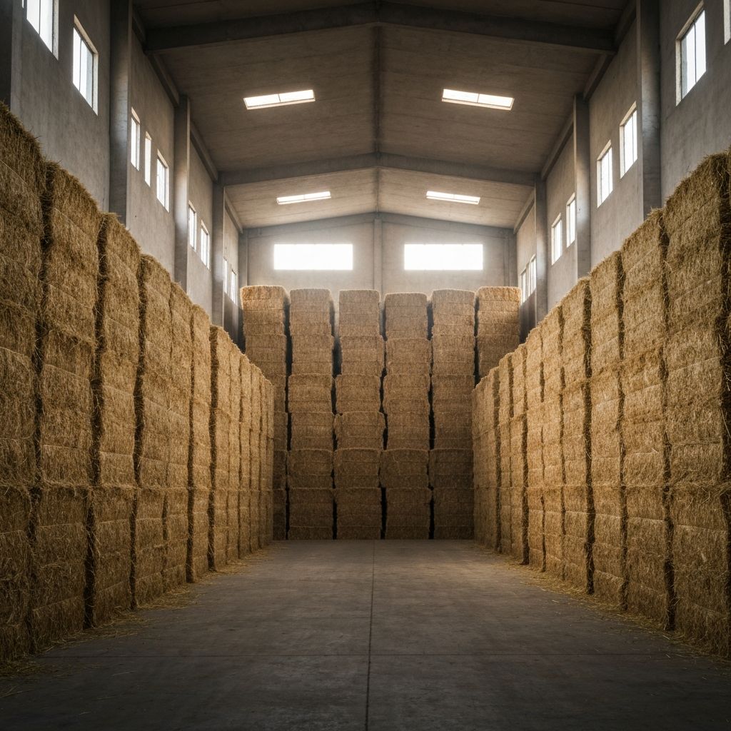 Industrial warehouse with neatly stacked Rhodes grass bales